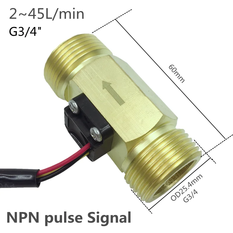 2~45L/min SUS304 / Brass Liquid Flow Meter G3/4" Water Flow Sensors NPN Pulse Signal Hall Effect Sensor