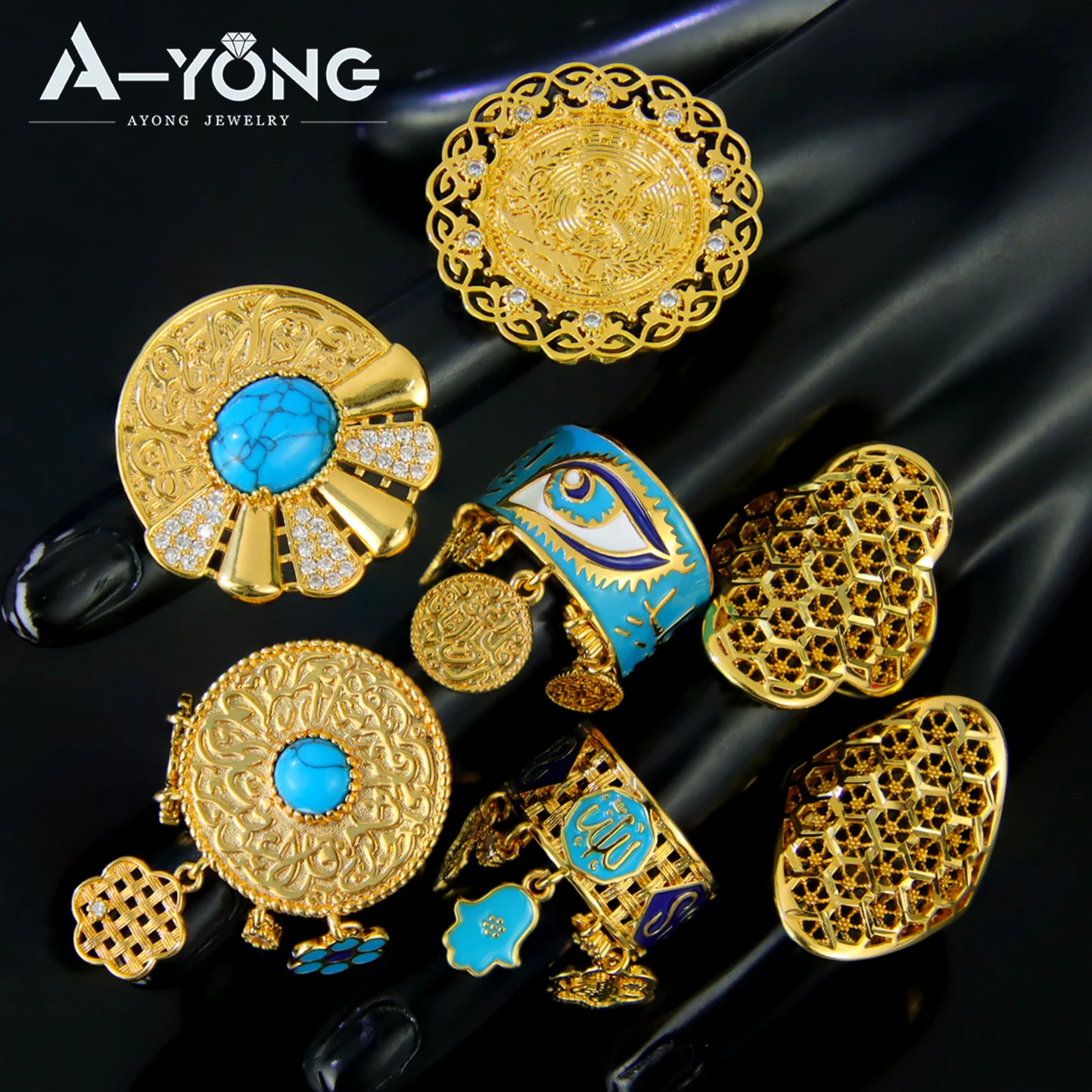 Äthiopien vergoldeter Brautschmuck-Ring, 21 Karat vergoldet, brasilianischer Zirkonia, türkisfarbene Ringe, Dubai, Damen-Vintage-Party-Schmuck
