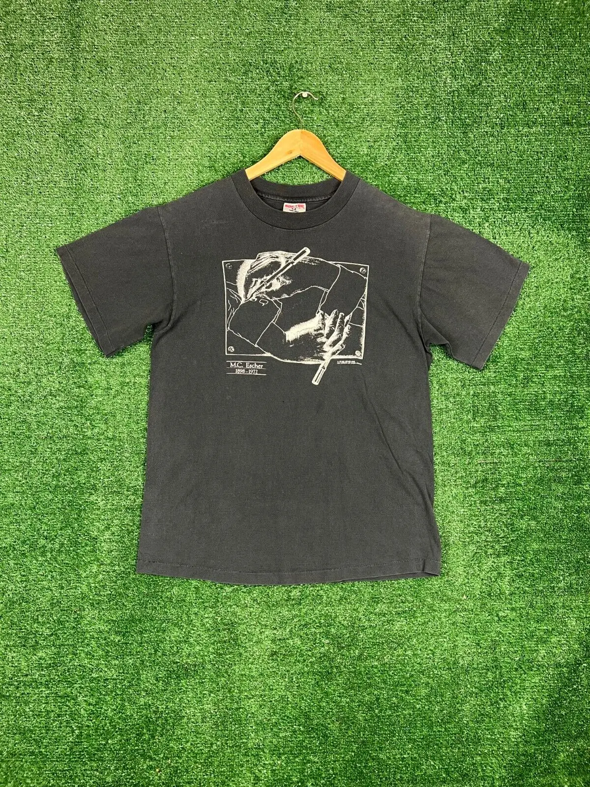 Vintage 1990 Mc Escher T Shirt Uomo Large Black Hands Art Sketch Graphic Tee