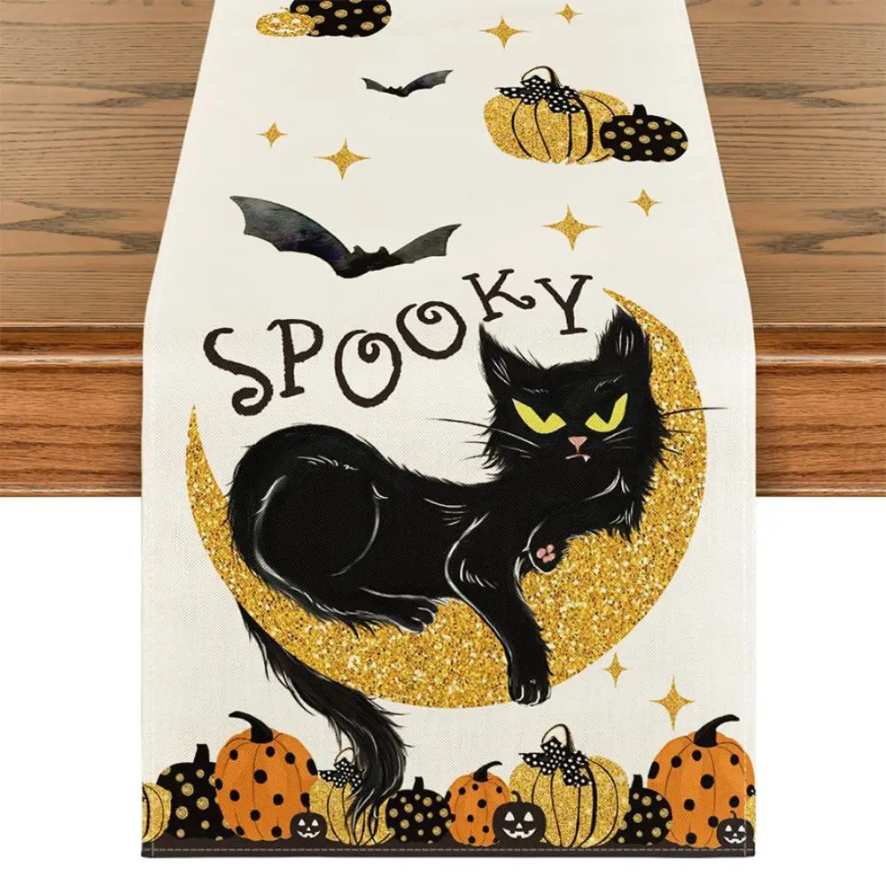 Trendy Pumpkins Black Cat Halloween Table Runner Linen Gost Pattern ...
