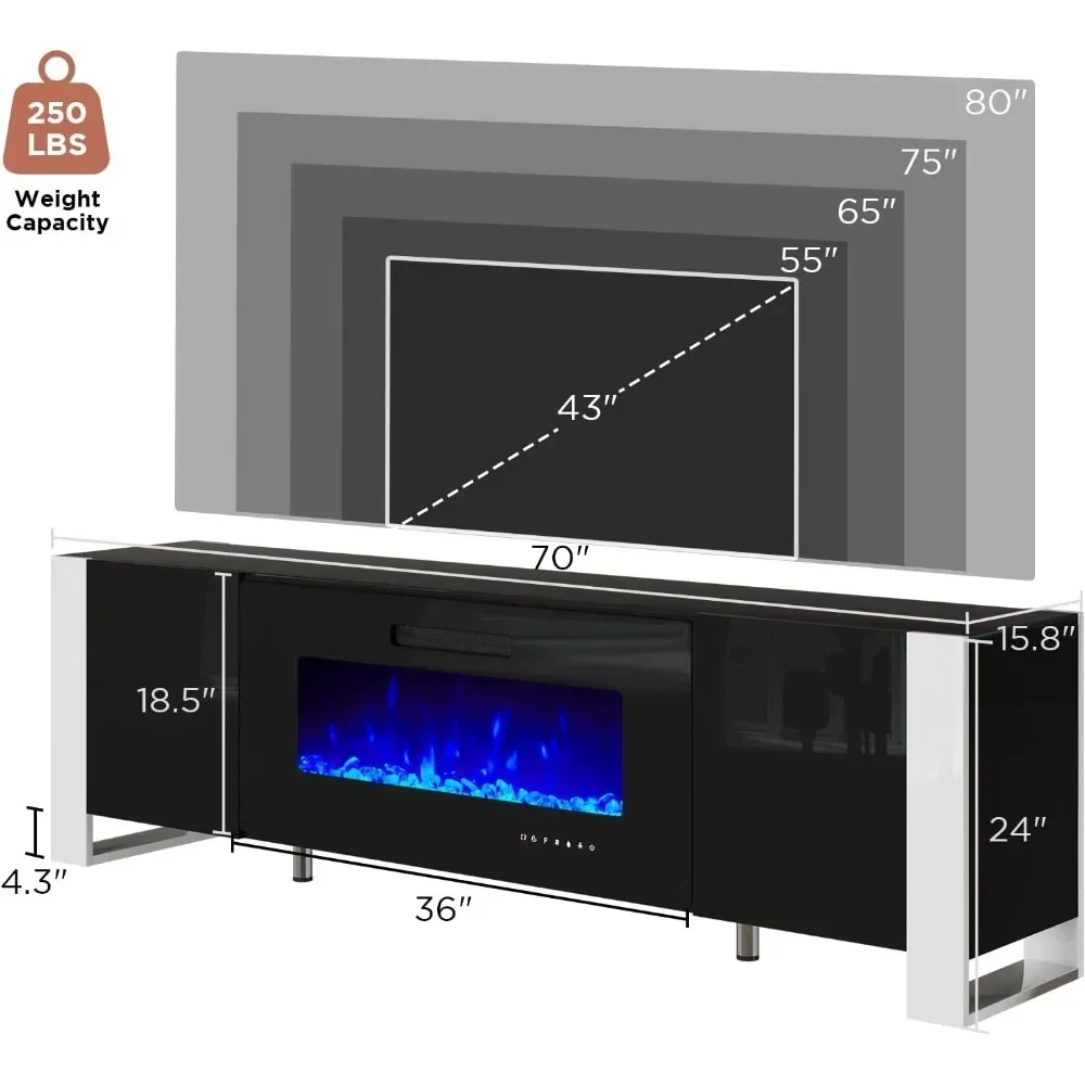 TV Stand with 36" Fireplace, 70" Modern High Gloss Entertainment Center LED Lights, TV Console Cabinet for TVs Up To 80" 5