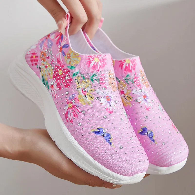 Women's Printed Knitted Sports Shoes 2024 Breathable Sports Shoes Women's Flat Shoes Women's Plus Size 41 Driving