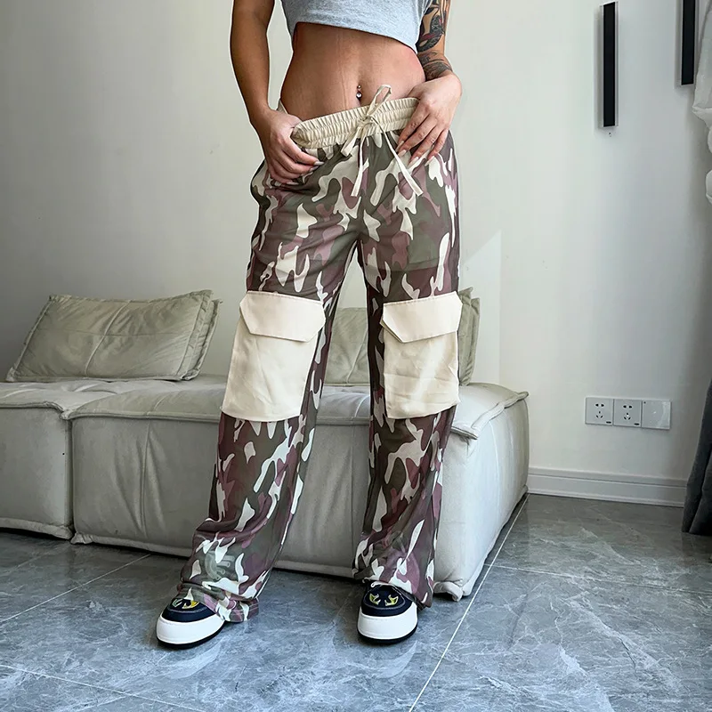 

Camouflage Mesh Cargo Pants Women Drawstring High Waist Pockets Wide Leg Pants Casual Loose Trousers Female Streetwear Bottoms