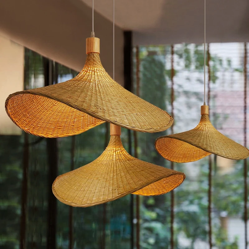 

ZK50 E27 Straw Hat Shape Hanging Line Hanging Line Lamp Creative Handmade Bamboo Decorative Chandelier Rattan Ceiling Lamp