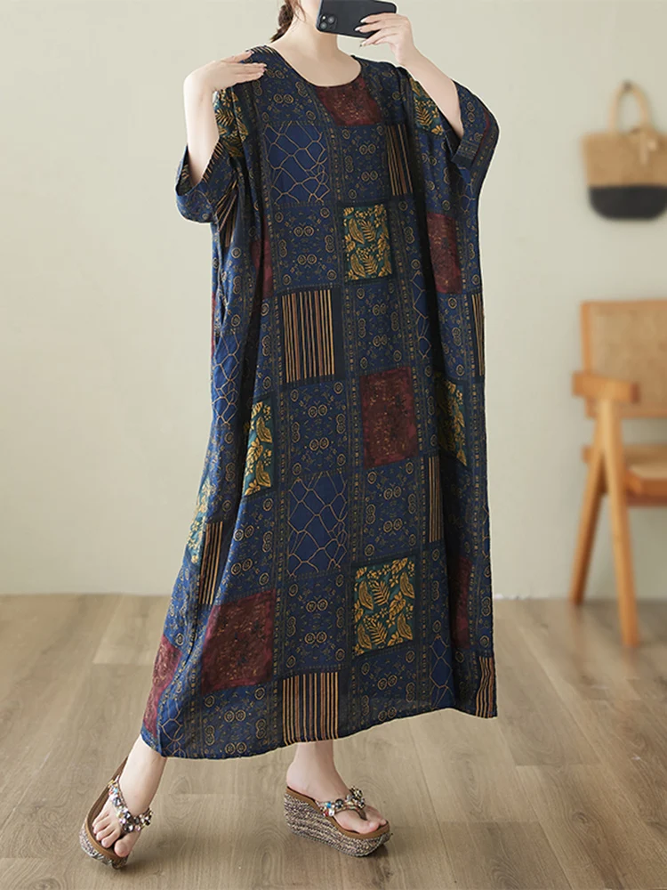 2025 Summer Cotton Vintage Casual Loose Print Dresses For Women Short Sleeve Dress Femme Vestidos Elegant Long Clothing