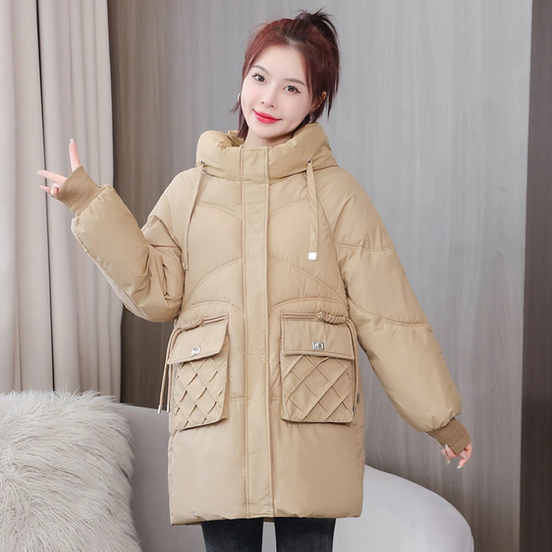

Women's Hooded Mid-length Cotton Clothing, Loose Casual Bread Clothing, Korean Version, Monochromatic, Autumn and Winter Fashion