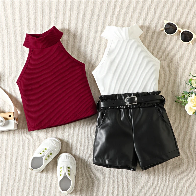 

Mildsown Toddler Baby Girl Summer Clothes Sleeveless Solid Color Rib Stand Neck Vest+High Waist Leather Shorts with Belt Outfit