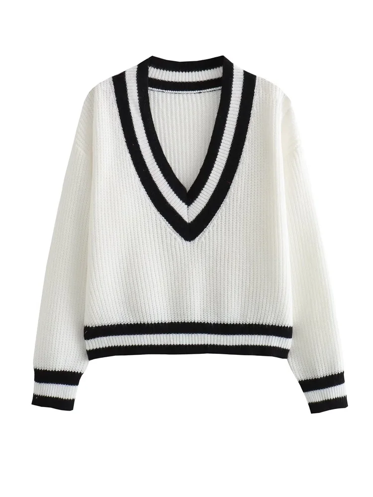 

MESTTRAF Women 2023 Fashion Y2K Preppy Style V Neck Black White Color Matching Casual Knitting Sweater Female Crop Pullovers