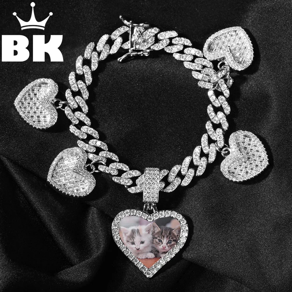 

THE BLING KING Custom Icy Heart Photo Bracelet 9MM Miami Cuban Chain With Baguette CZ Heart Charms Anklet Cute Memory Jewelry