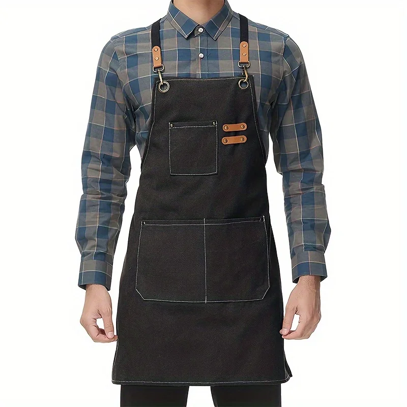 Household Canvas Apron Oil-proof  Can Wipe Hands  Kitchen CookingMen Women Adult With Tool Pockets Fashion Coffee Over  apron 2