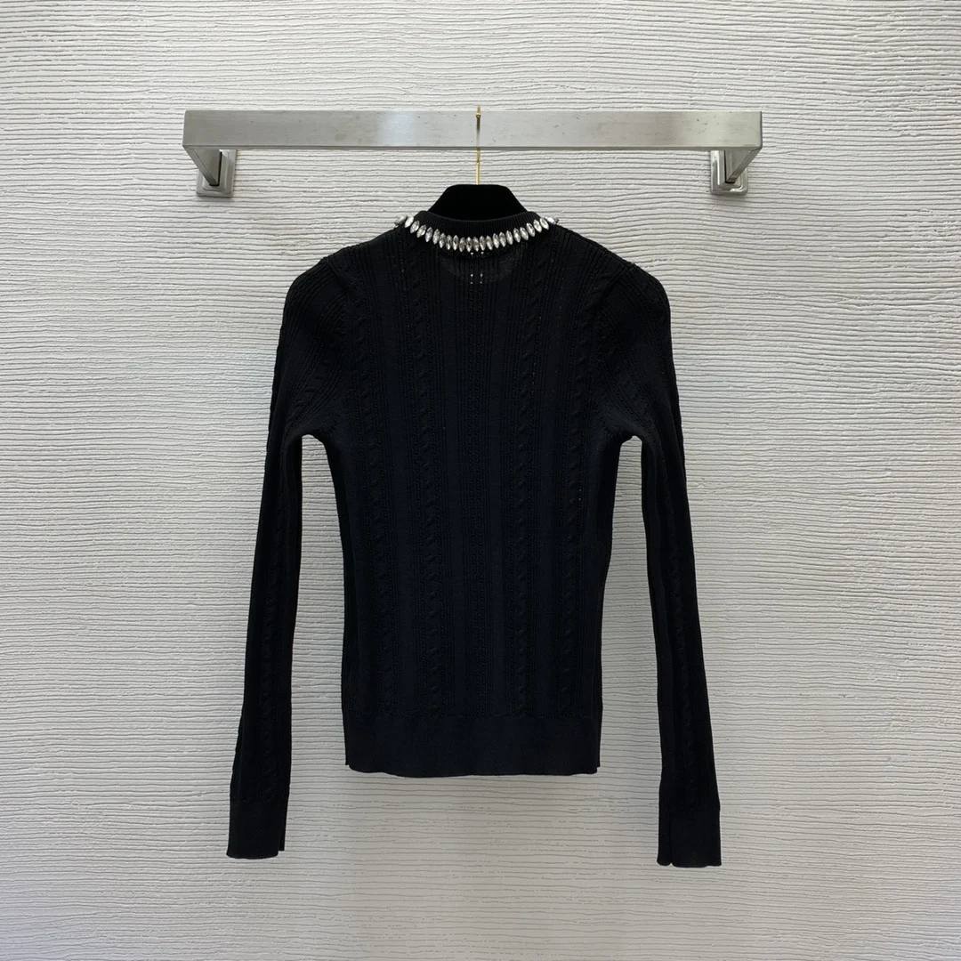 

2023 Autumn New High end Women's Top Fashion Hollow Perspective Fried Dough Twists Pattern Button Round Neck Long Sleeve Slim Fi