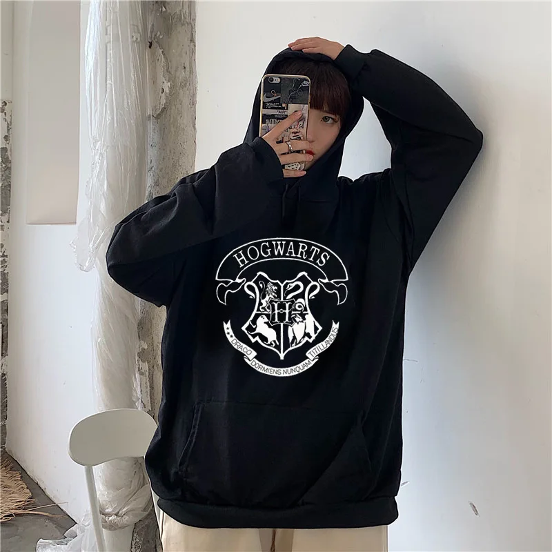 Fashion y2k Hogwarts Printed Hoodies Women Sweatshirt Autumn Winter Long Sleeves Plus Velvet Casual Loose Fleece Tops Oversized 3