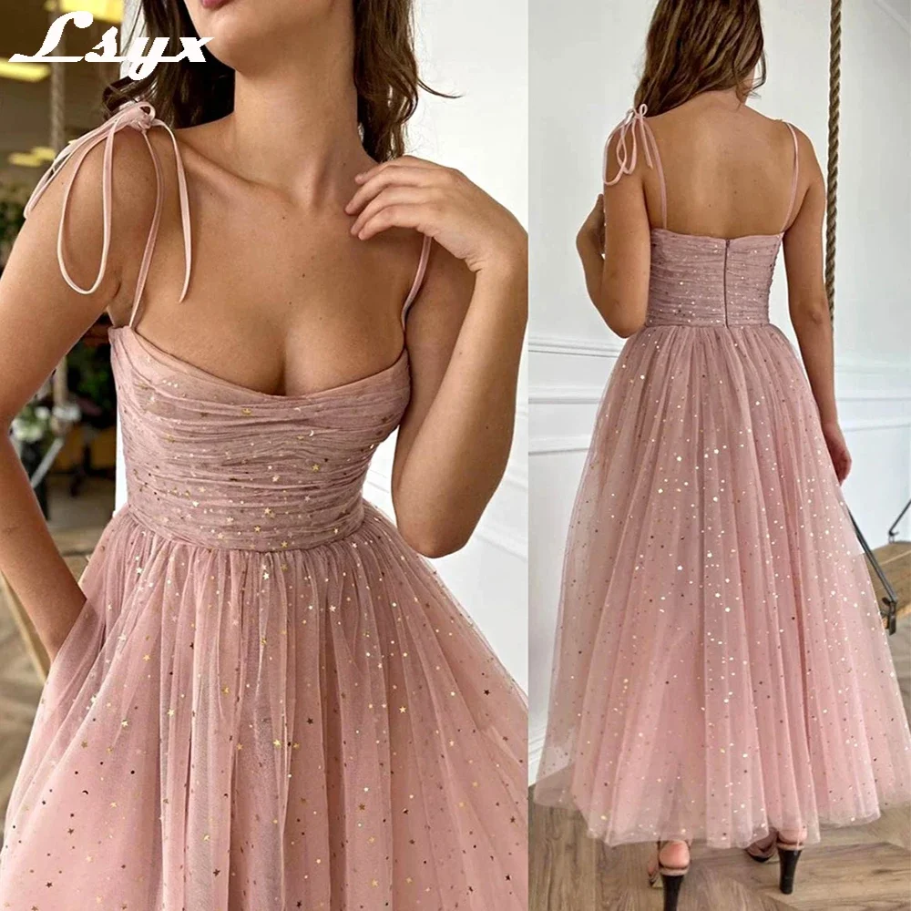 

Pink Sequin Evening Dress Sparkly Tulle Prom Dresses Adjustable Spaghetti Strap Gathered A Line Ankle Length Wedding Party Gowns