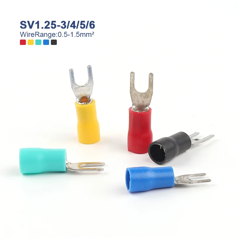 

100pcs SV Crimp Terminal Spade Fork Connector Wire Copper Crimp Connector Insulated Cord Pin End Terminal SV1.25 22-16AWG
