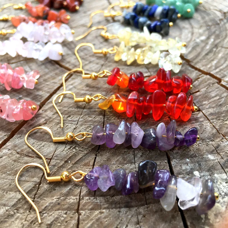 Raw Stone Beaded Dangle Earring for Women Girls Drop Hook Chakra