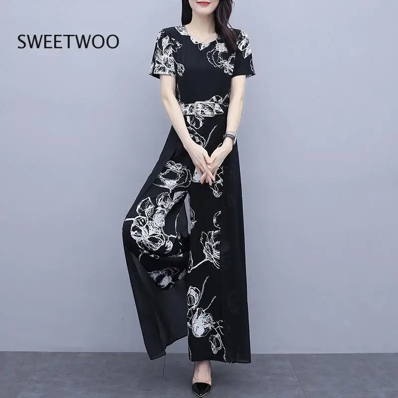 Fashion Casual Jumpsuit V-Neck Women Elegance 2022 Summer New Print Bodysuit High Waist Wide Leg Pants Ladies Playsuit Romper