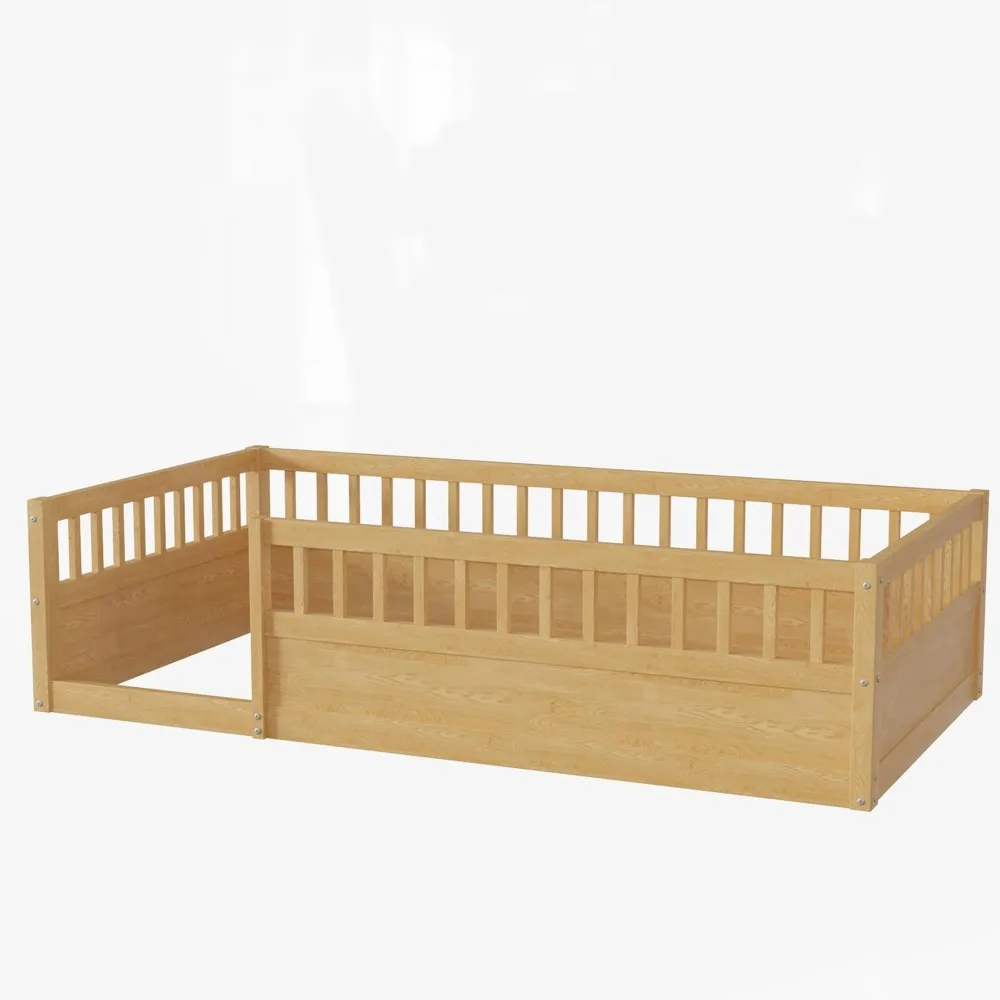 Twin Size Montessori Bed with Fence Toddler Floor Bed Frame with High Rails For Children Bedroom Toddlers Boys Girls ROOMTEC