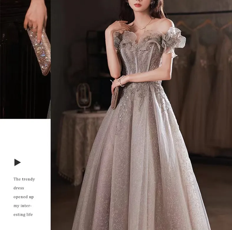 Elegant Evening Dresses Strapless A-Line Off The Shoulder Sequin Beaded Bandage Shiny Slim Backless Floor-Length Celebrity Gowns