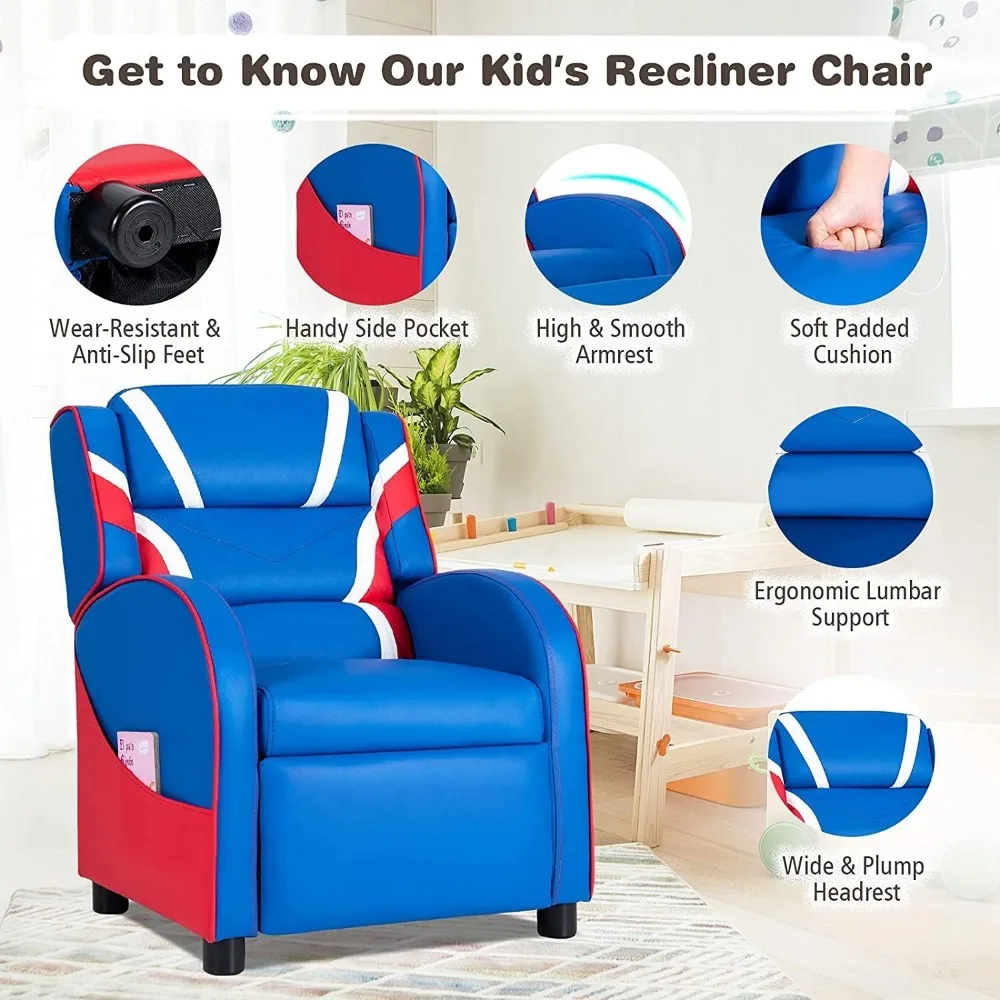 Kids Recliner, Youth Gaming Recliner w/Headrest, Footrest, Lumbar Support, Side Pockets, Adjustable Recliner Sofa for Kids 4
