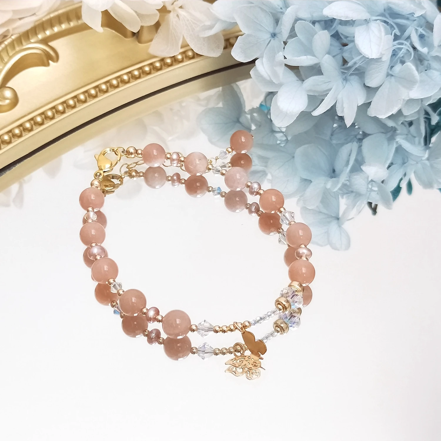 Lii Ji Natural Sunstone 6MM Freshwater Pearl 14K Gold Filled Charms  Bracelet Handmade Bohe Fashion Jewelry For Female