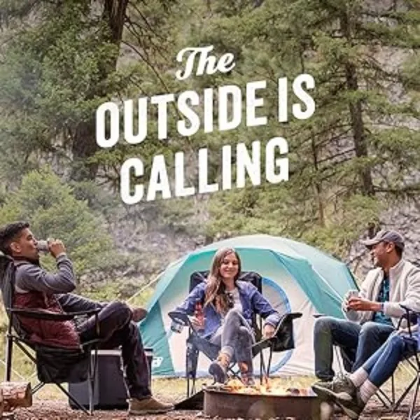 The Outside is Calling logo. Friends camping