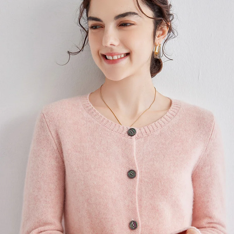 Cashmere cardigan women'sO-neck solid color long-sleeved cashmere coat is slim and versatile knitted sweater. 4