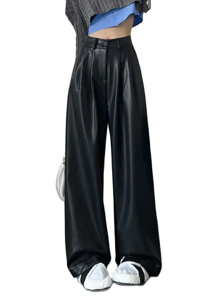 QOERLIN Soft PU Pants Faxu Leather Black Brown Trousers Elastic High Waist Wide Leg Loose Casual Pants Women New Fashion Pants