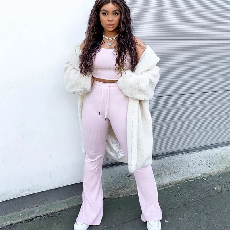 Slergiri Summer Women Two Piece Set Solid Cami Top and Flares Pants Casual Ladies Streetwear Cropped 2 Piece Outfits