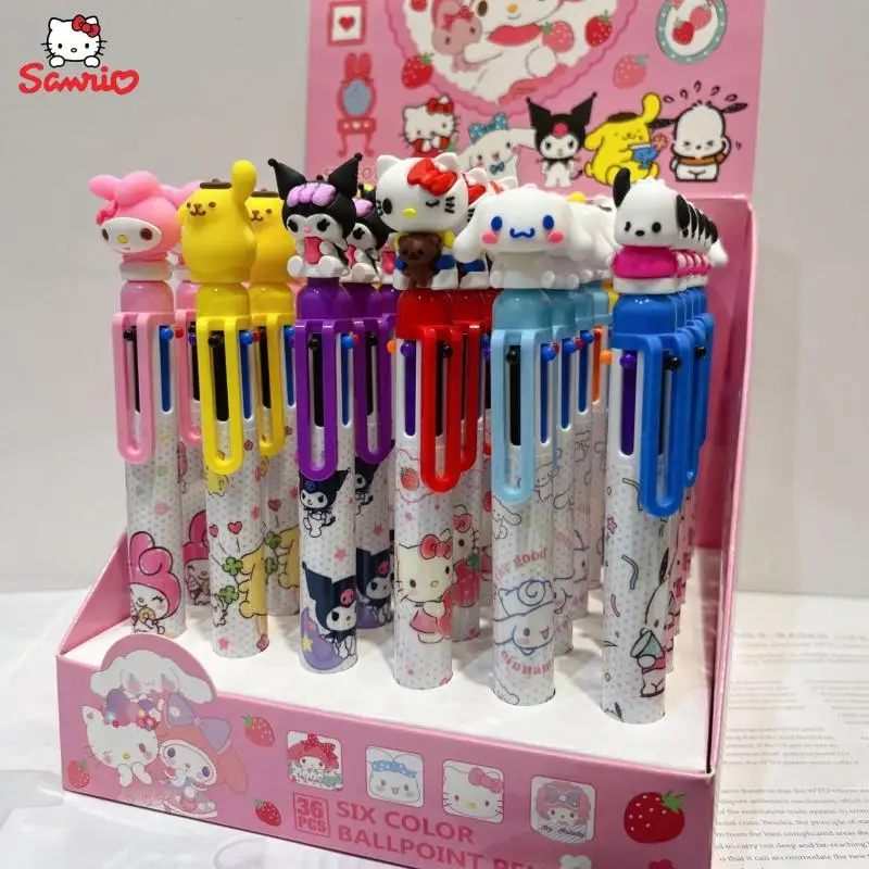 Cartoon Sanrio Six Color Ballpoint Pen Hello Kitty Cinnamoroll Kuromi My Melody Cute Student