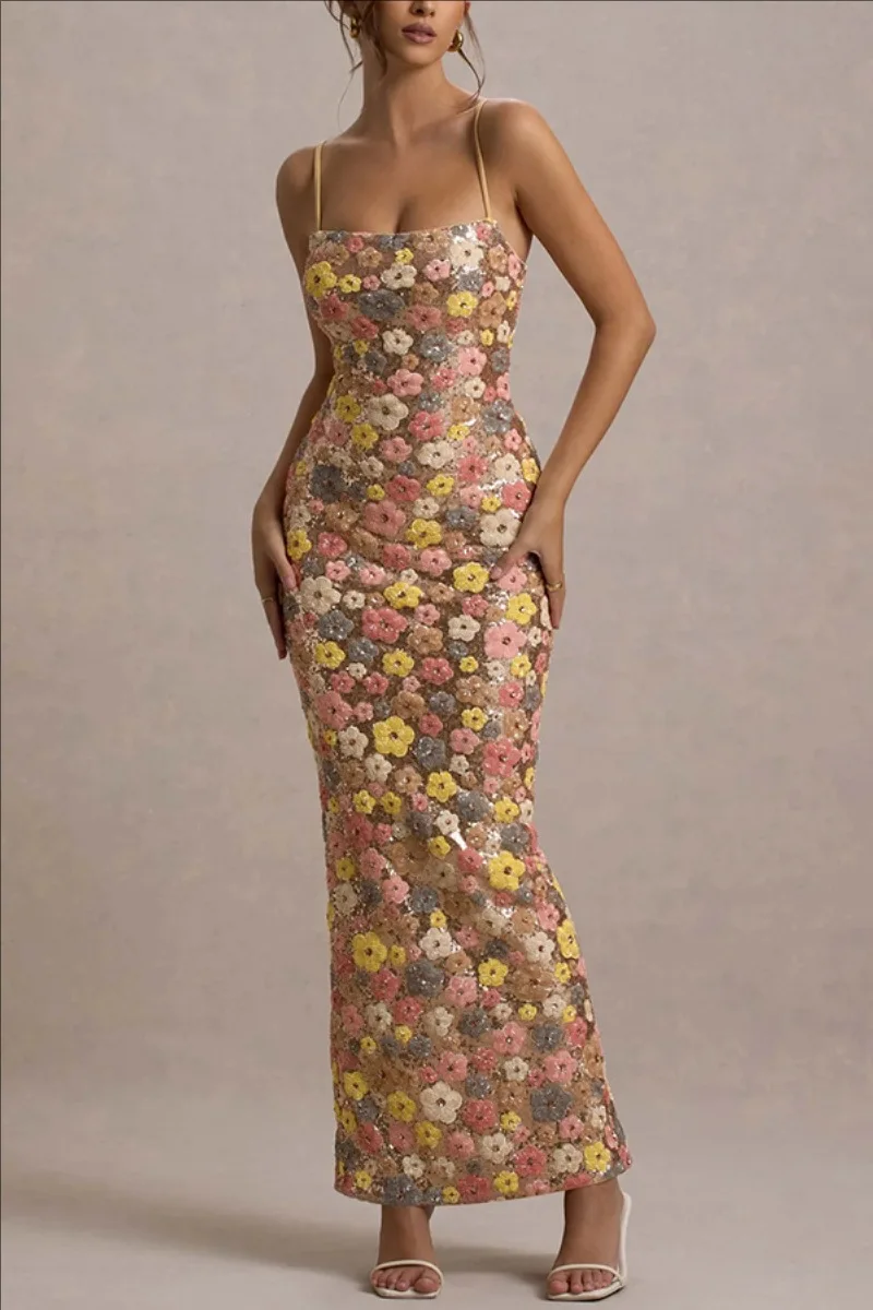 Summ Women Flowers Sequin Patchwork Slim Party Long Dress Strapless Fashion Maxi Dress, Sexy Sleeveless Ladies Dress Vestidos 6