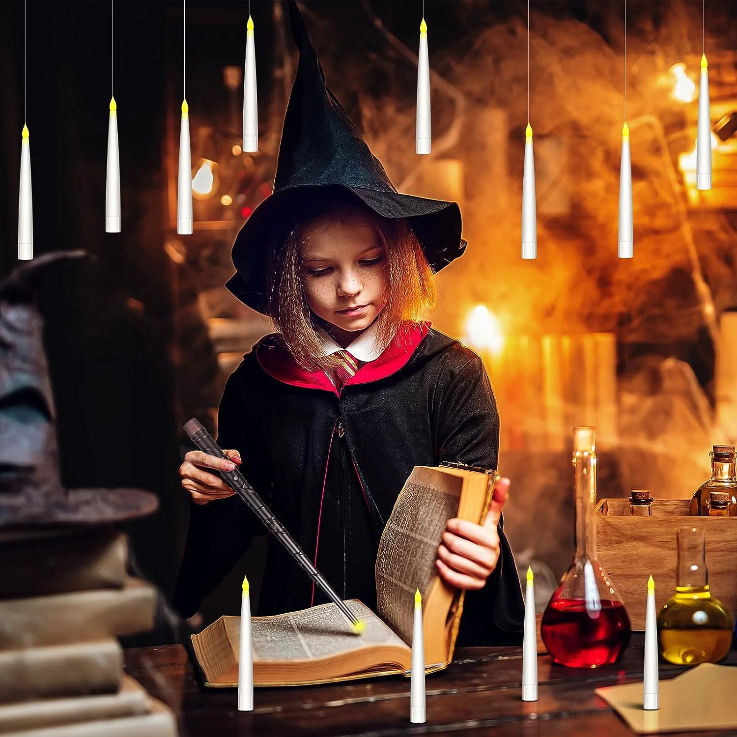 12/20Pcs Harry Burning Candles Potter Magic Flameless Floating Candles with Wand Remote Operated LED Flickering Hanging Candle