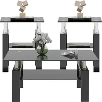 Black Glass Coffee Table Set of 3 Piece, Living Room Tables Set of 3 Pcs, Including 1 Coffee Table and 2 End Side Tables, Metal