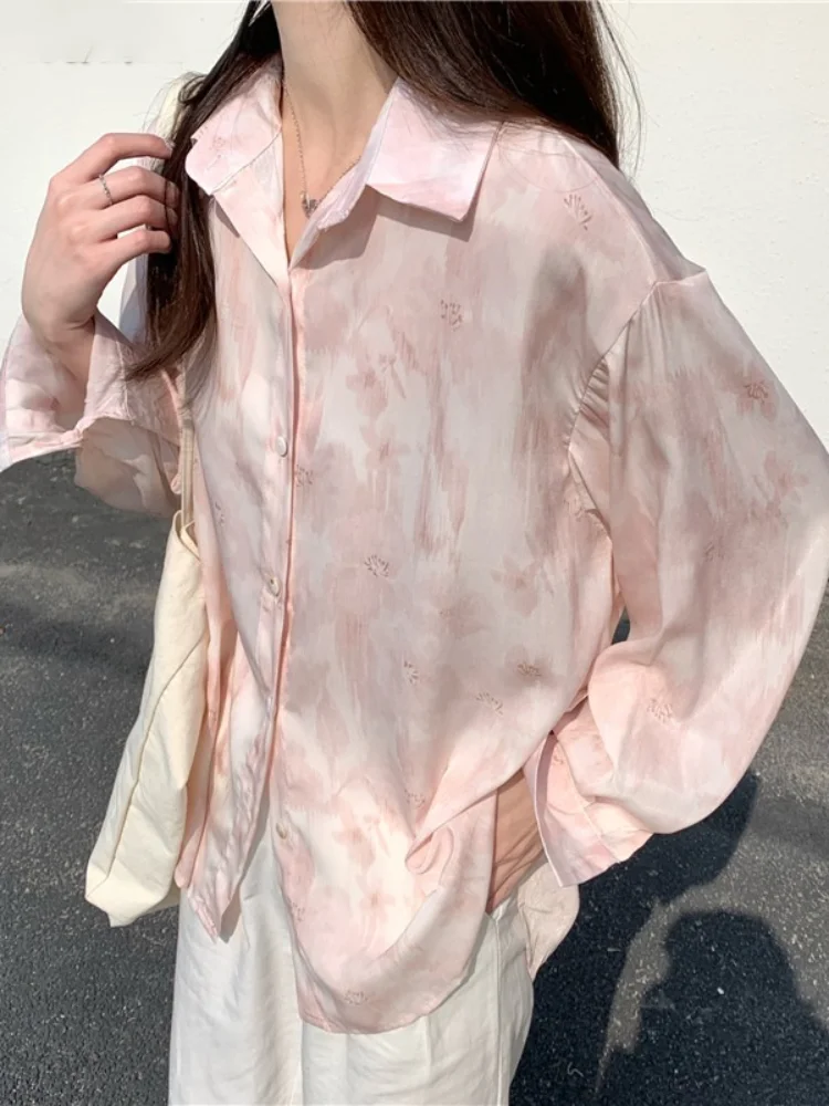

2023 Y2k Aesthetic Blouse Women 2023 Spring Tie Dye Turn Down Collar Long Sleeve Blusas Korean Fashion Loose Harajuku Top Women