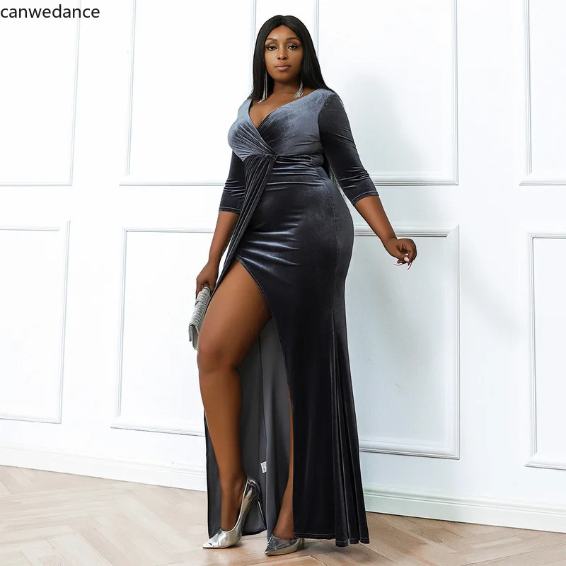 

Plus Size Evening Dresses African Sheath V Neck Velvet Slit Long Turkey Dubai Saudi Evening Gown Prom Dresses