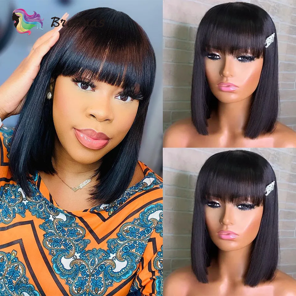 

Straight Human Hair Bob Wigs For Women Peruvian Straight Bob Wig With Bangs Natural Color Glueless Bob Wig Human Hair Density180