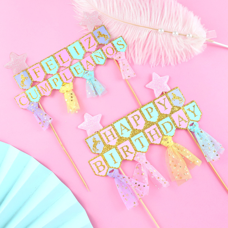 Feliz Cumpleanos Party Cake Topper Spanish Star Glitter DIY Kids Happy Birthday Cupcake Toppers For Baby Shower Party Supplies