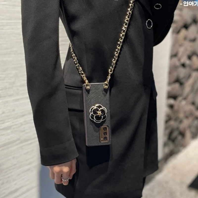 Custodia Per Telefono Con Cordino A Tracolla In Pelle Di Metallo Per Samsung Galaxy Z Fold 4 3 Z Fold 2 Peaarl Hand Chian Cover