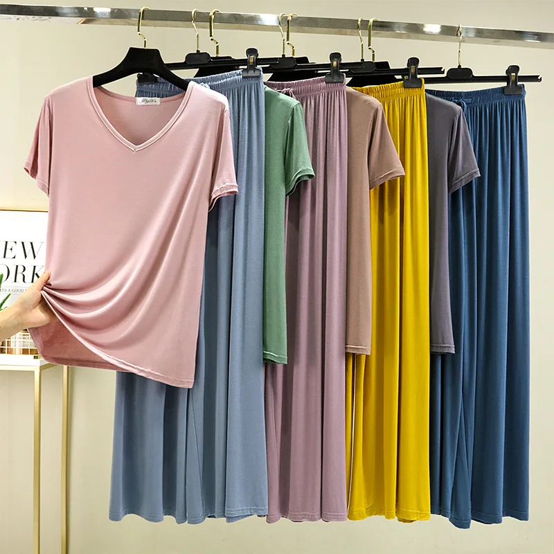 Summer Pajamas Set Solid Color Women 2 Piece Set Outfit Loose Pyjamas Modal Pijama Feminino Plus Size Homewear Trousers Sets