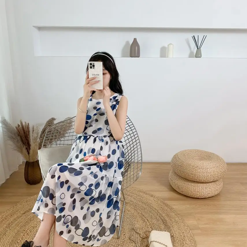 

Maternity Clothes for Summer Loose Sleeveless Chiffon Tank Dress Fashion Printing Block Color Polak Dot Pregnant Women Sundress
