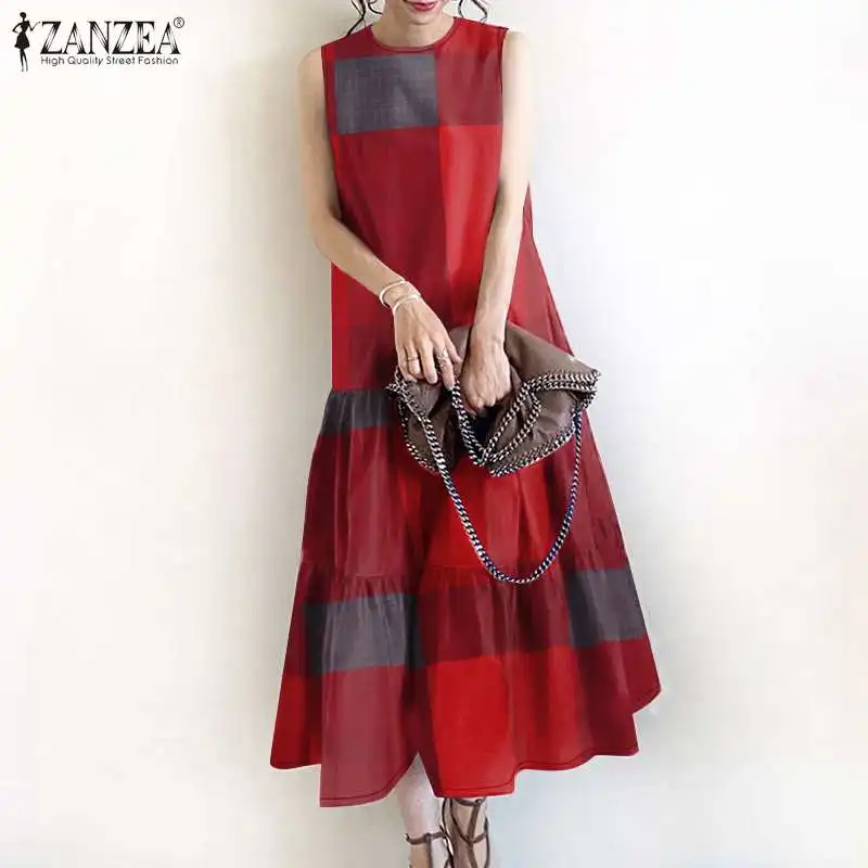 Frauen Sommerkleid 2024 Zanzea Vintage o Hals ärmellose Vestidos Mode Freizeit arbeit Midi Kleider Frau Plaid kariert Sommerkleid – Detail 6