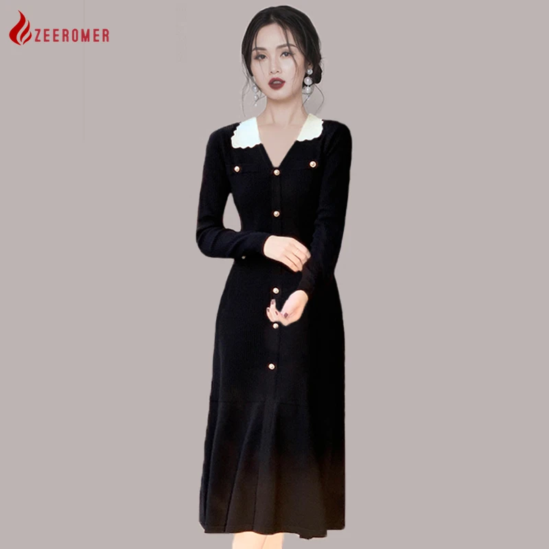 2023-Autumn-Korean-Black-Long-Sleeve-Tight-Knit-Dress-Women-Fashion ...
