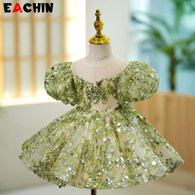 

Girls Shiny Sequin Princess Dress Elegant Puff Sleeve Children Tutu Dresses Baby Kids Sweet Cute Birthday Party Clothing New