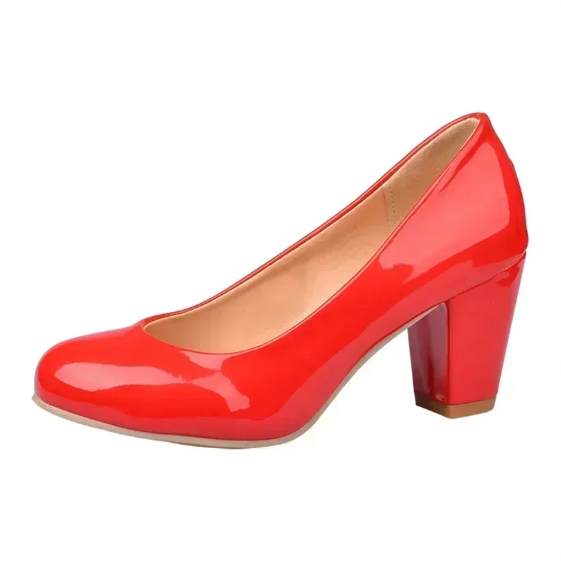 Round Toe Red Mid Block Heels Spring Women Pumps Chunky Block High