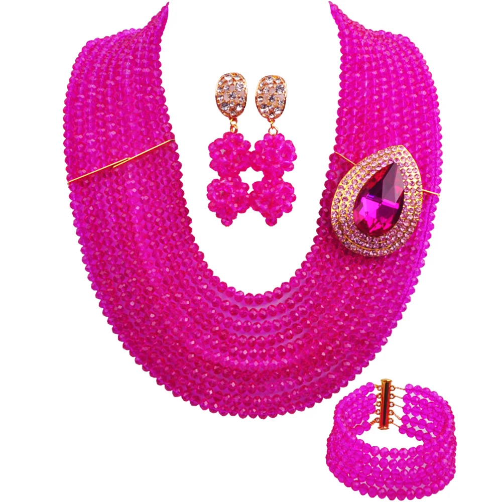 

10 Rows Fuchsia Pink African Beads Jewelry Sets Women Necklace Crystal Wedding Party Jewelry