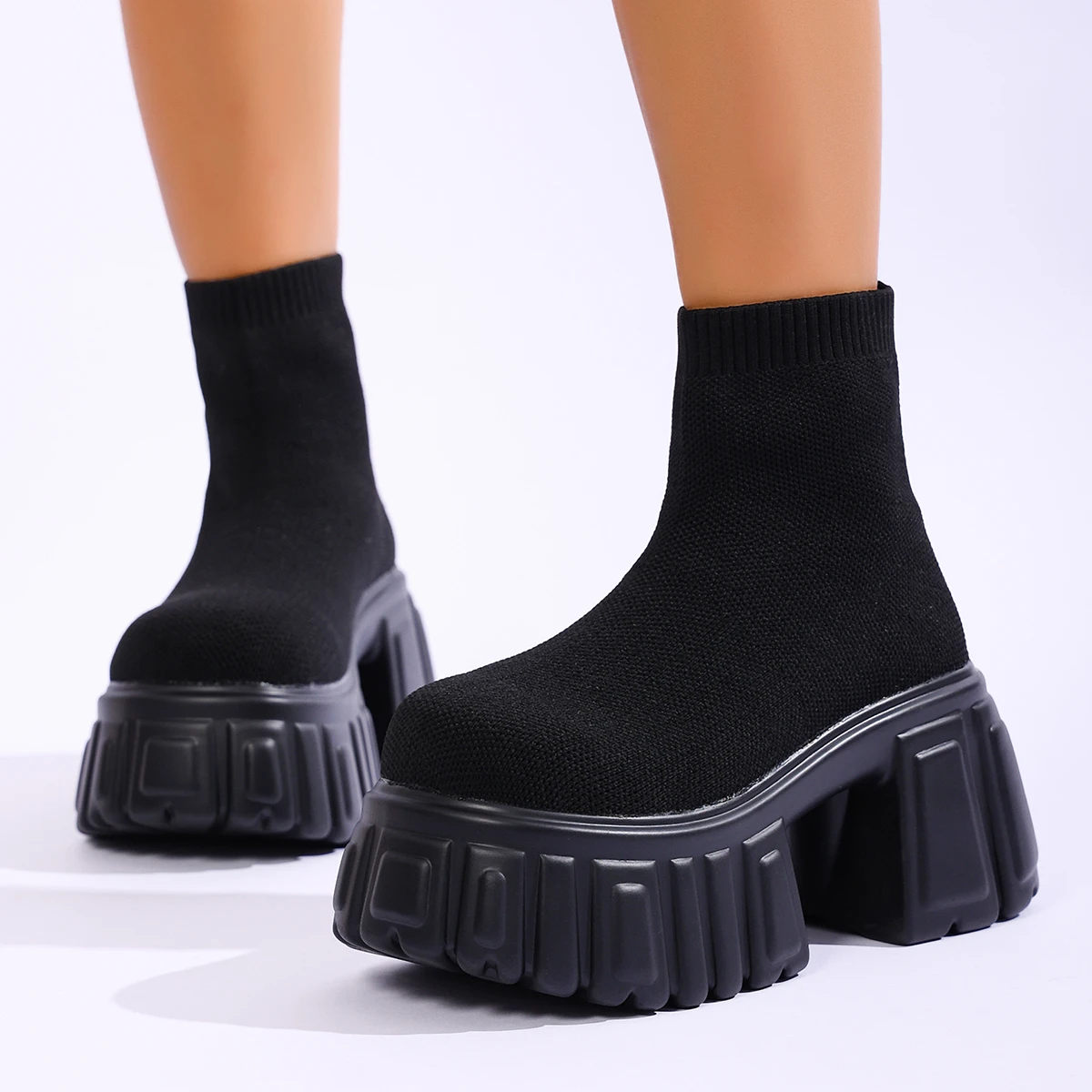 Aphixta 8cm High Heels Ankle Boots Platform Stretch Fabric Upper Woman Autumn Shoes Slip On Modern Boots Lady Sock Boot Size 42