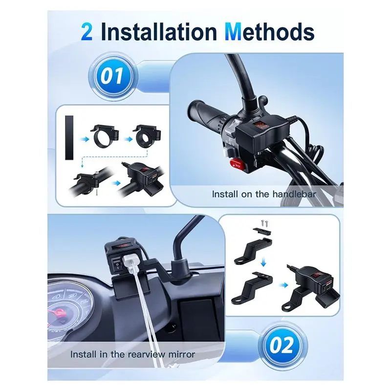 다목적 오토바이 USB, 듀얼 USB 타입 C PD 및 퀵차지 3.0 오토바이 폰(전압계 및 온/오프 스위치 포함)