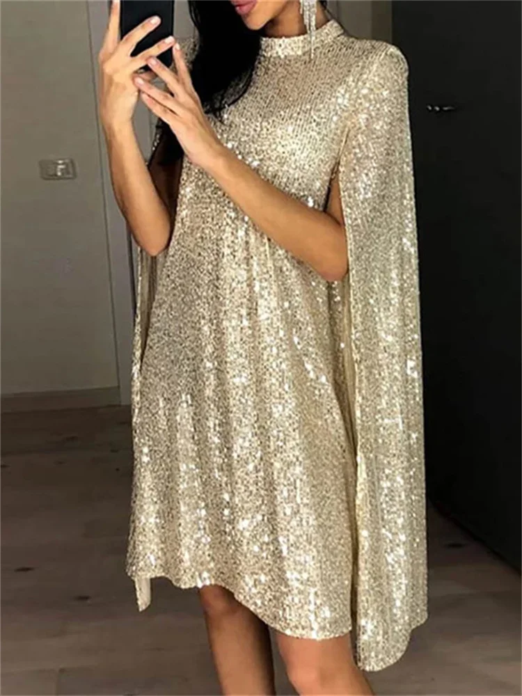 Wmstar Women Dress High Quailty  Stand-up Collar Sequin Loose Fitting Banquet Party Evening Cloak Sleeve Maternity Short Dresses