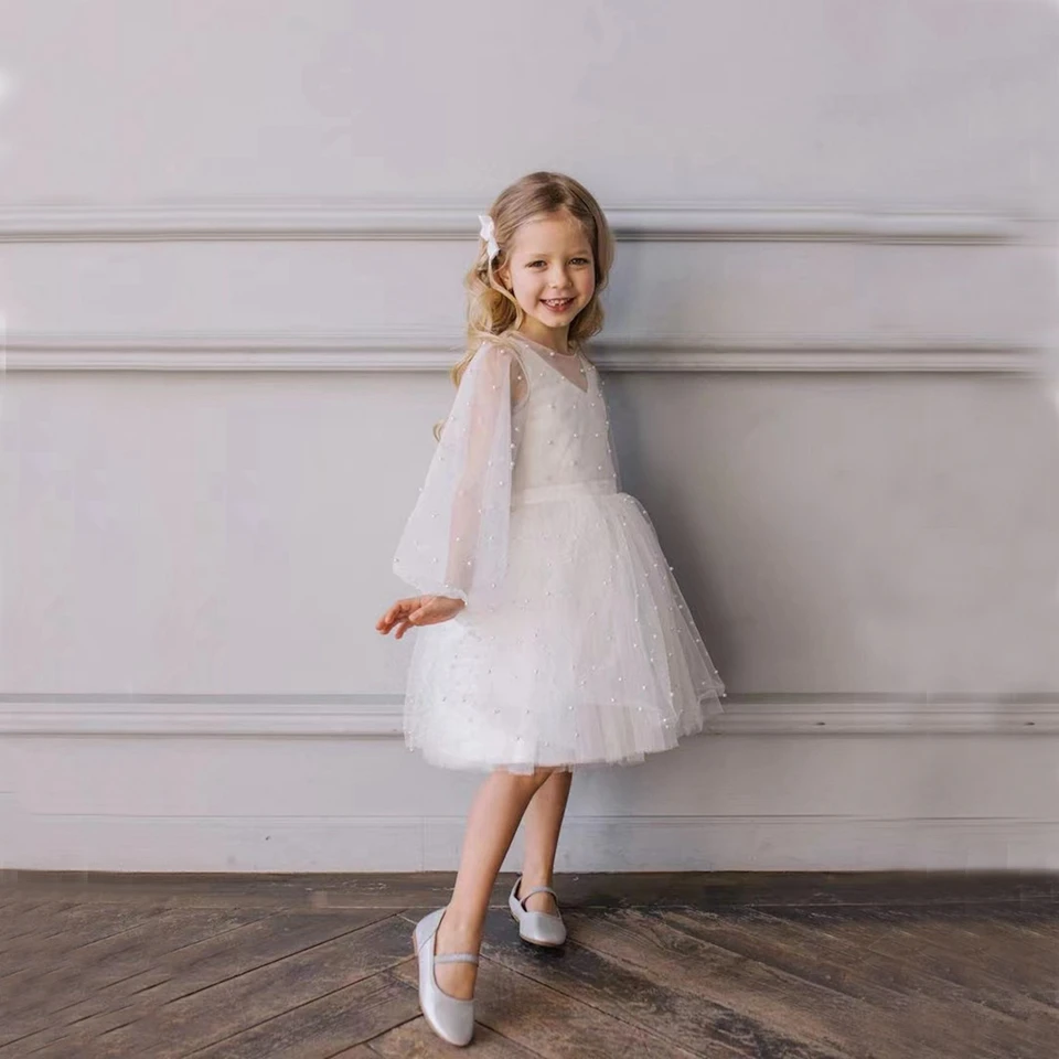 

Elegant Pearls Beading Long Sleeves Short Flower Girl Dresses For Wedding 2023 O-Neck Kids Birthday Party First Communion Gowns