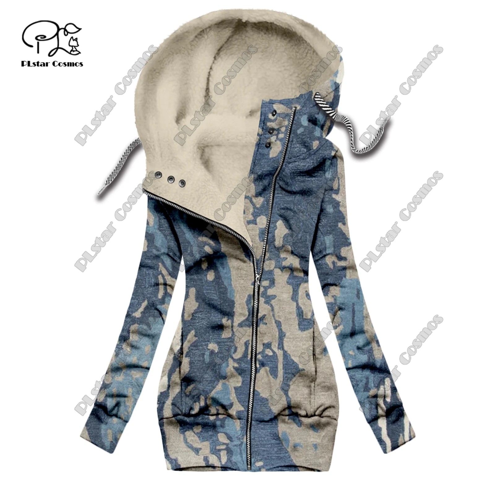 New 3D printing retro series carpet print pattern plus velvet warm women's long zipper hoodie jacket commuting casual winter F-8