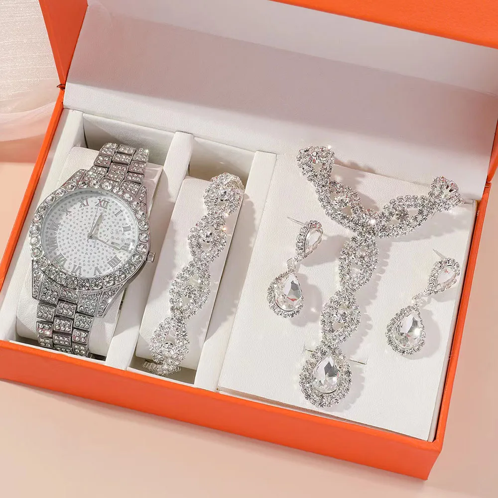 Women Bracelet Watches Luxury Diamond Necklace Earrings jewerly Set Gift for Girlfriend Fashion Elegant Quartz Wristwatch Reloj